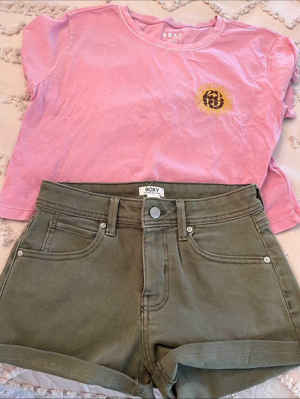 Roxy Pink Tee with Yellow Sun Graphic design on back and green Roxy jean shorts